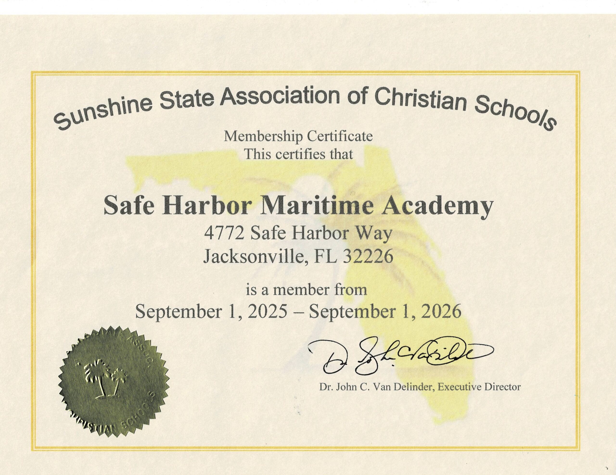 Membership certificate for Safe Harbor Maritime Academy, Jacksonville, verifying membership from September 1, 2025, to September 1, 2026.